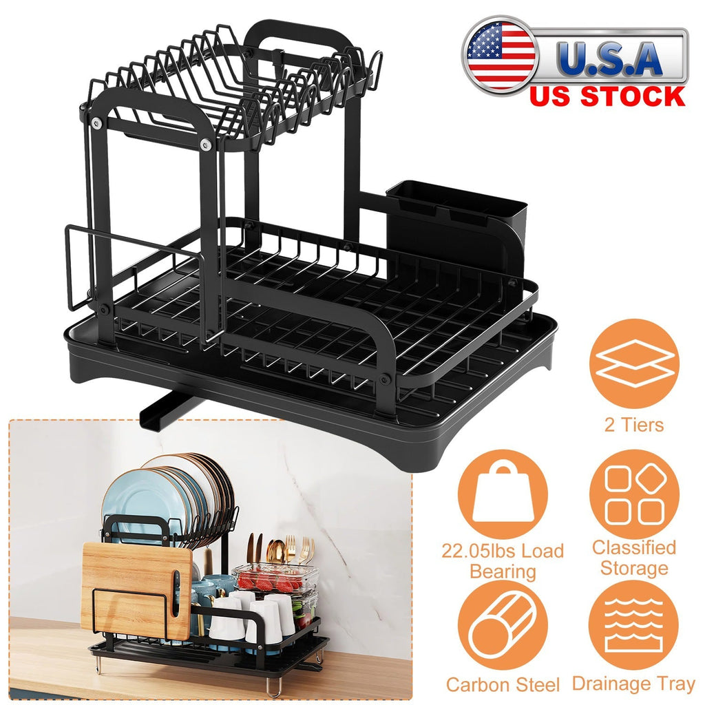 2-Tier Dish Drying Rack for Kitchen Counter Space Saving Rustproof Dish Rack with Drainboard Detachable Kitchen Drainer Organizer Set with Utensil Hol