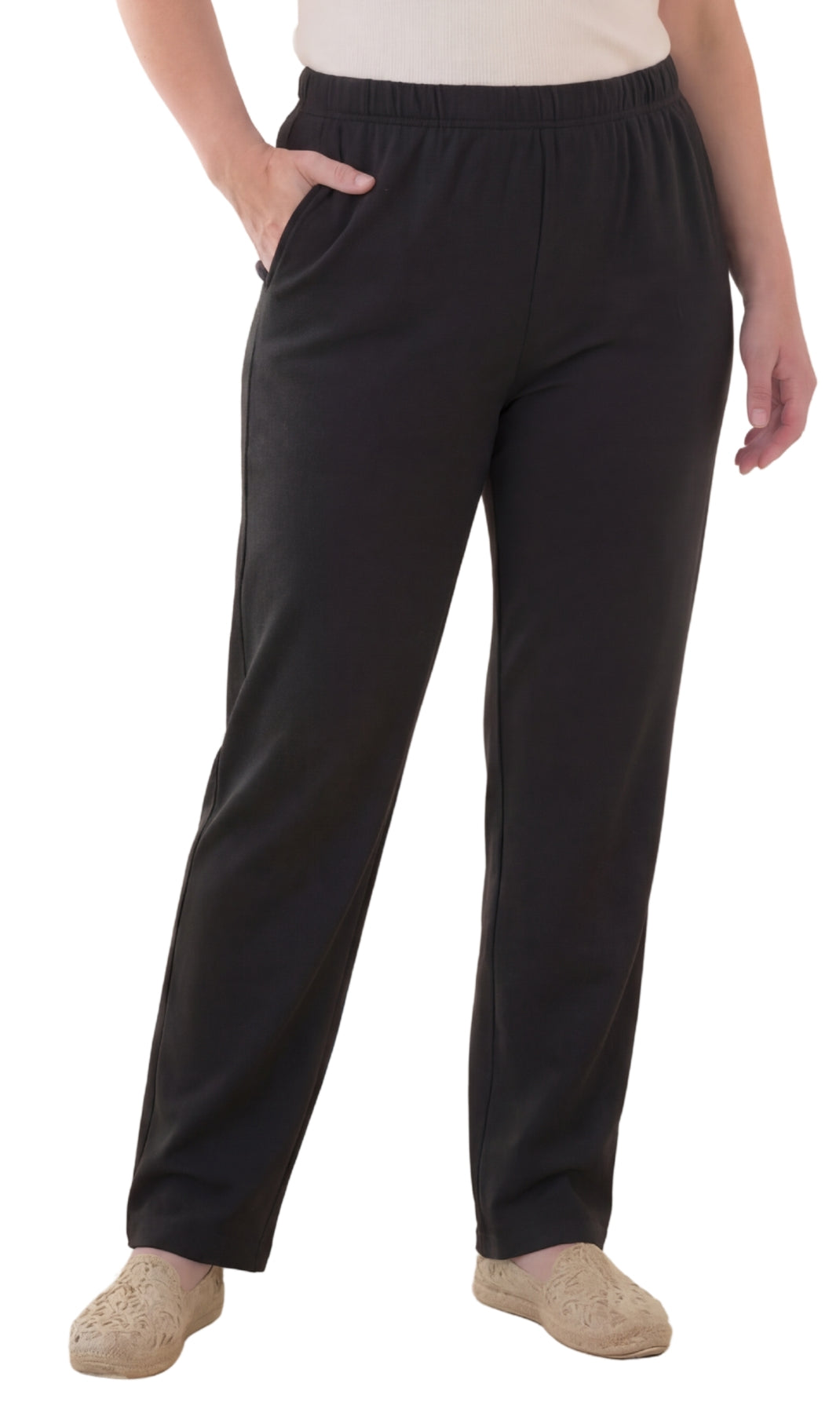 Women's Pull-On Flat Front Knit Pants — Cotton Blend Elastic Waist - Fabs things
