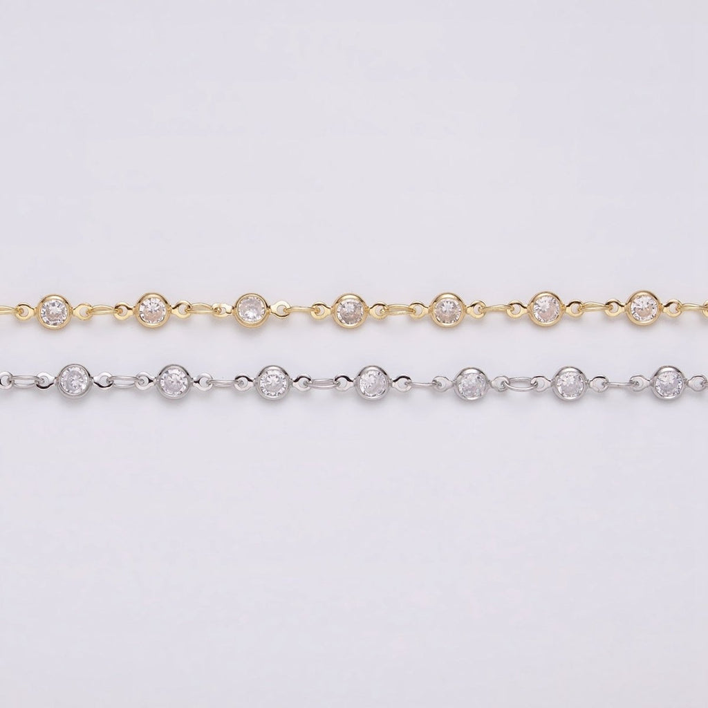 16K Gold Filled Round Diamond Bezel Cut Chain by Yard, Station CZ Chain by Yard for Necklace Bracelet Jewelry Making | ROLL-1337 ROLL-1338