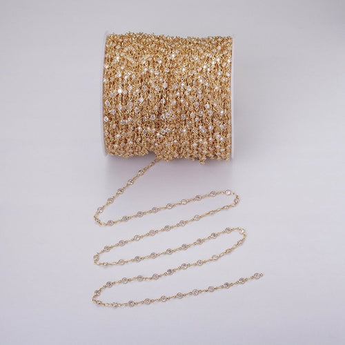 16K Gold Filled Round Diamond Bezel Cut Chain by Yard, Station CZ Chain by Yard for Necklace Bracelet Jewelry Making | ROLL-1337 ROLL-1338 - Fabs things