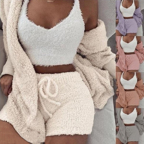3pcs Womens Clothing Long Sleeve Crop Tank Top And Drawstring Shorts Pajama Set - Fabs things