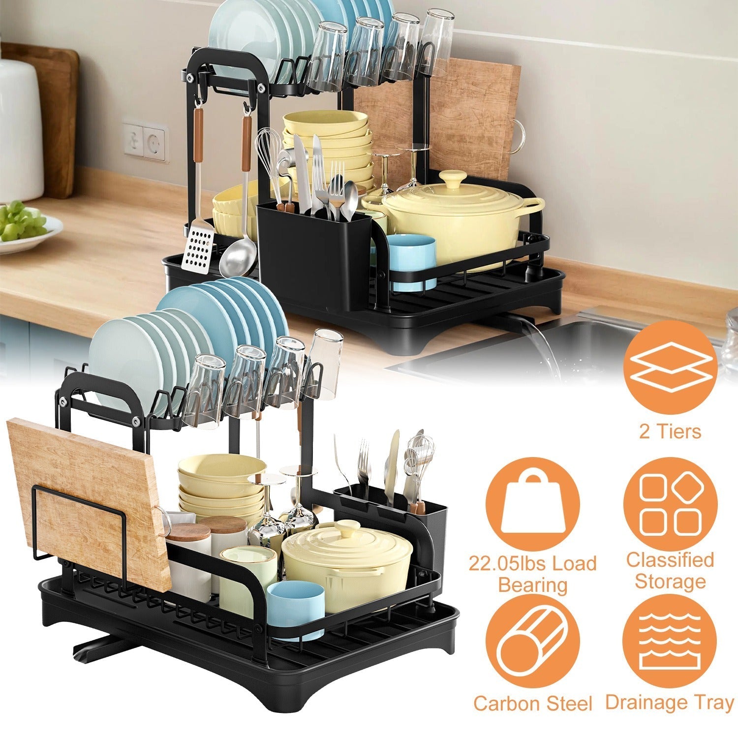 2-Tier Dish Drying Rack for Kitchen Counter Space Saving Rustproof Dish Rack with Drainboard Detachable Kitchen Drainer Organizer Set with Utensil Hol