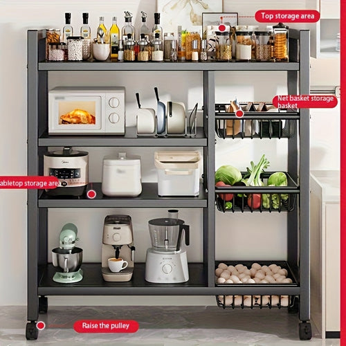 4-Tier Rolling Storage Rack with Baskets, Metal Utility Shelf on Wheels, Kitchen Garage Organizer - Fabs things