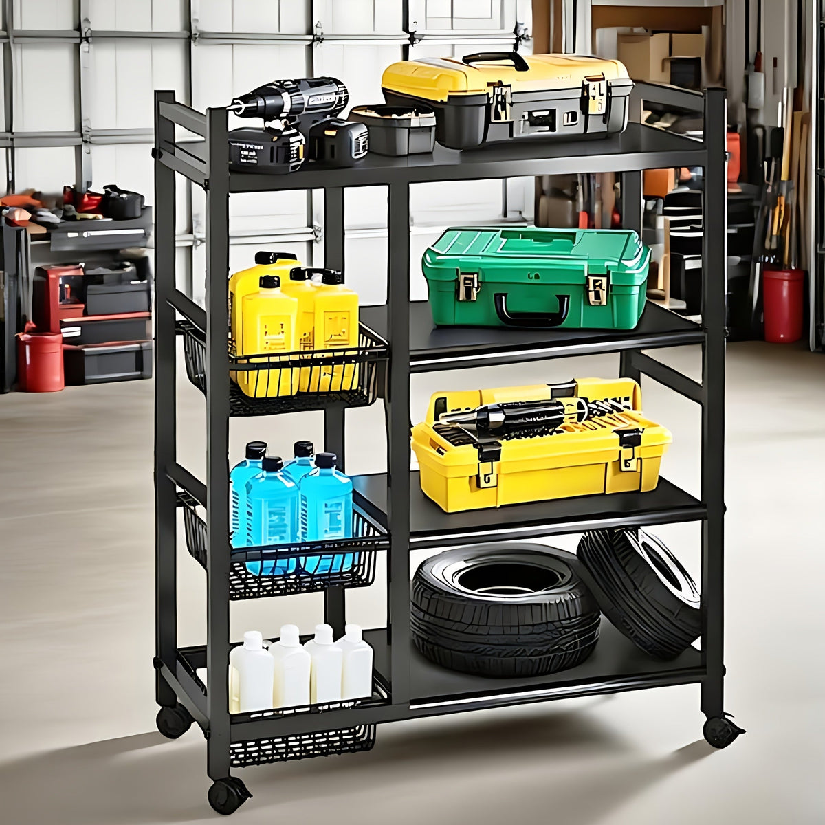 4-Tier Rolling Storage Rack with Baskets, Metal Utility Shelf on Wheels, Kitchen Garage Organizer - Fabs things