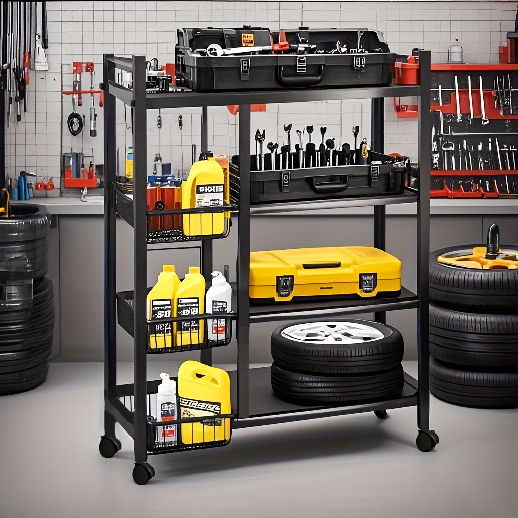 4-Tier Rolling Storage Rack with Baskets, Metal Utility Shelf on Wheels, Kitchen Garage Organizer - Fabs things
