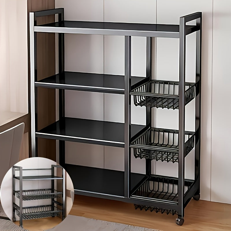 4-Tier Rolling Storage Rack with Baskets, Metal Utility Shelf on Wheels, Kitchen Garage Organizer - Fabs things