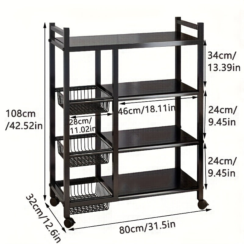 4-Tier Rolling Storage Rack with Baskets, Metal Utility Shelf on Wheels, Kitchen Garage Organizer - Fabs things