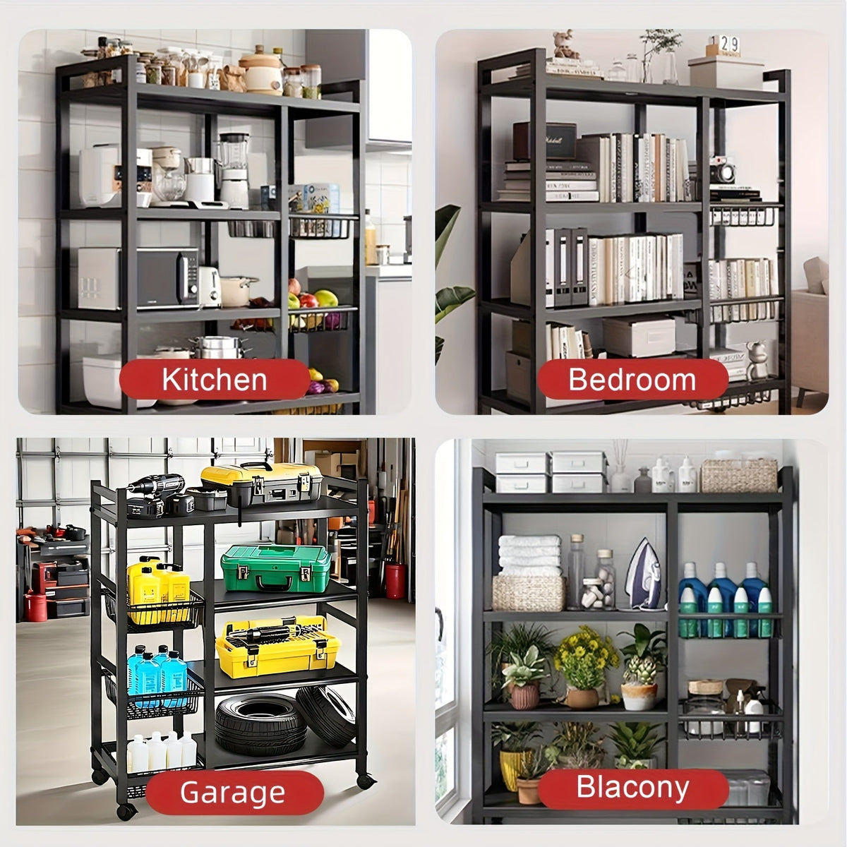 4-Tier Rolling Storage Rack with Baskets, Metal Utility Shelf on Wheels, Kitchen Garage Organizer - Fabs things
