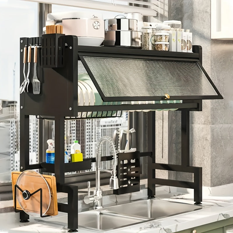 Over Sink Dish Drying Rack 1 Tier Kitchen Organizer Dustproof Storage Shelf - Fabs things