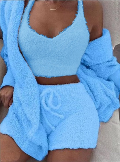 3pcs Womens Clothing Long Sleeve Crop Tank Top And Drawstring Shorts Pajama Set - Fabs things