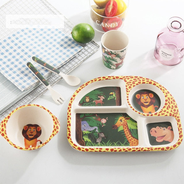 5pcs/set Baby Dinnerware Bamboo Fiber Children Tableware Set Plate Dishes Bowl With Spoon Cartoon Feeding Set Food Container - Fabs things