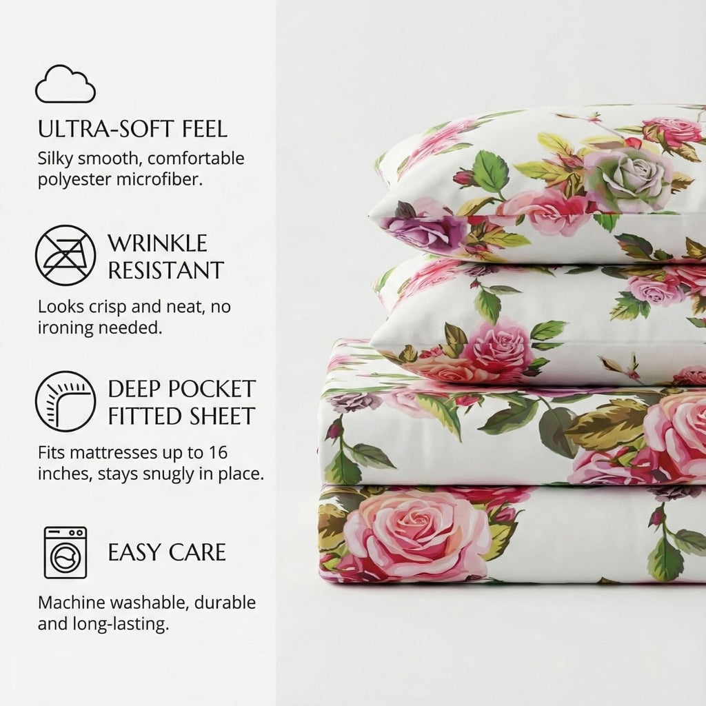 DaDa Bedding Pink Romantic Roses Floral Sheet Set