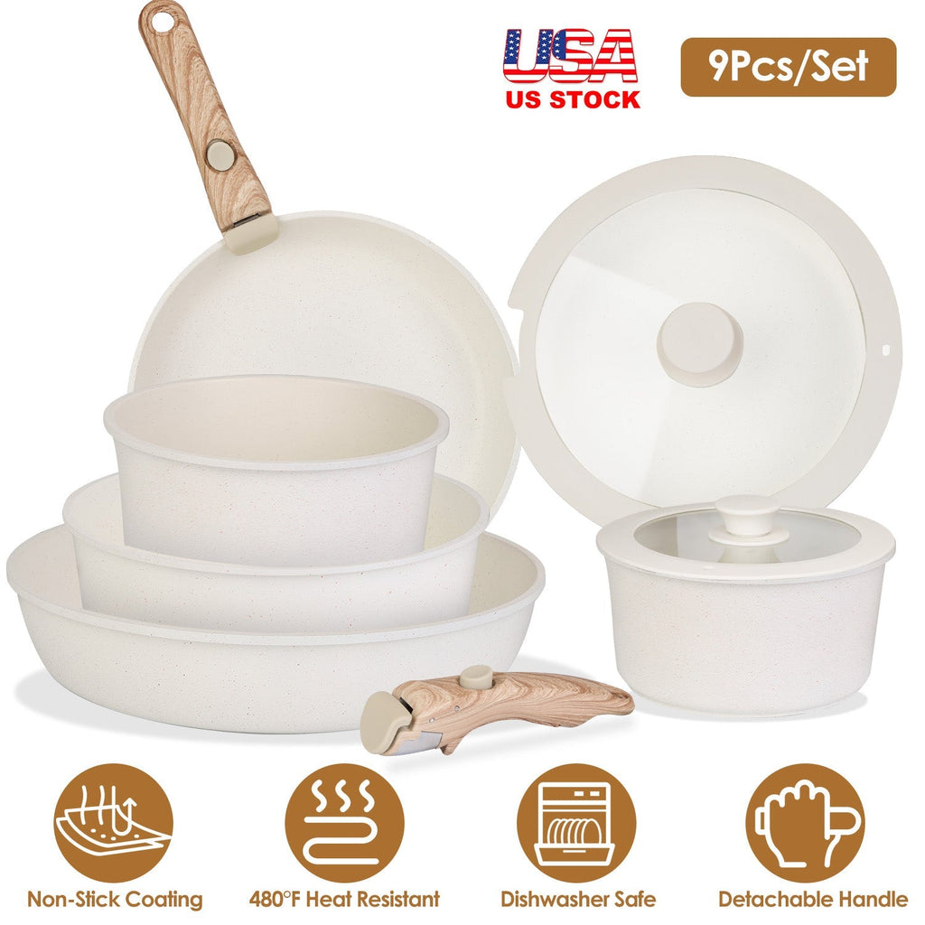9Pcs Nonstick Cookware Set Kitchen Pots and Pans Set With Detachable Handles Tempered Glass Lids Dishwasher Oven Safe Aluminum Alloy Kitchen Cookware