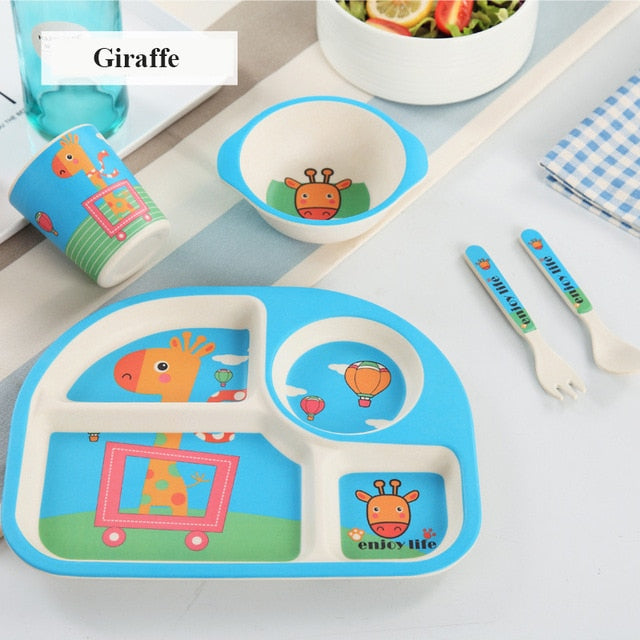 5pcs/set Baby Dinnerware Bamboo Fiber Children Tableware Set Plate Dishes Bowl With Spoon Cartoon Feeding Set Food Container - Fabs things