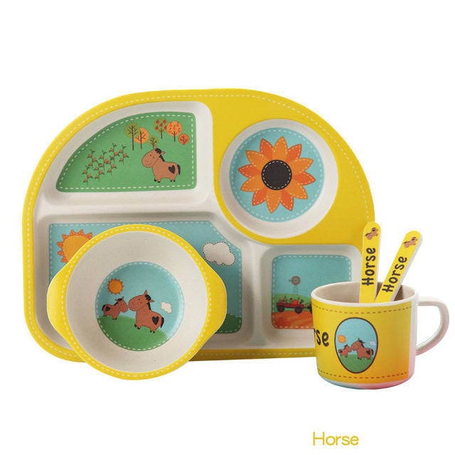 5pcs/set Baby Dinnerware Bamboo Fiber Children Tableware Set Plate Dishes Bowl With Spoon Cartoon Feeding Set Food Container - Fabs things