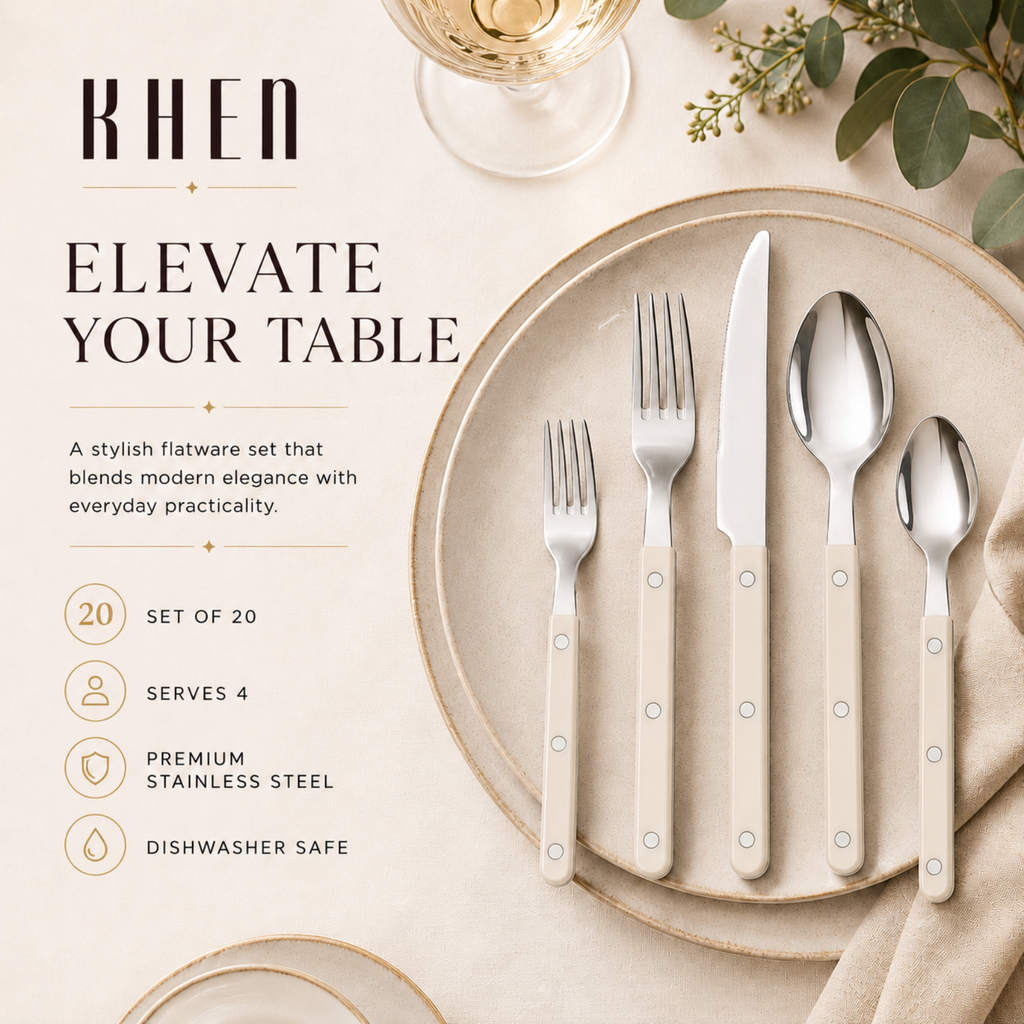 Khen Cream Cutlery Set of 20 –18/8 Stainless Steel Flatware