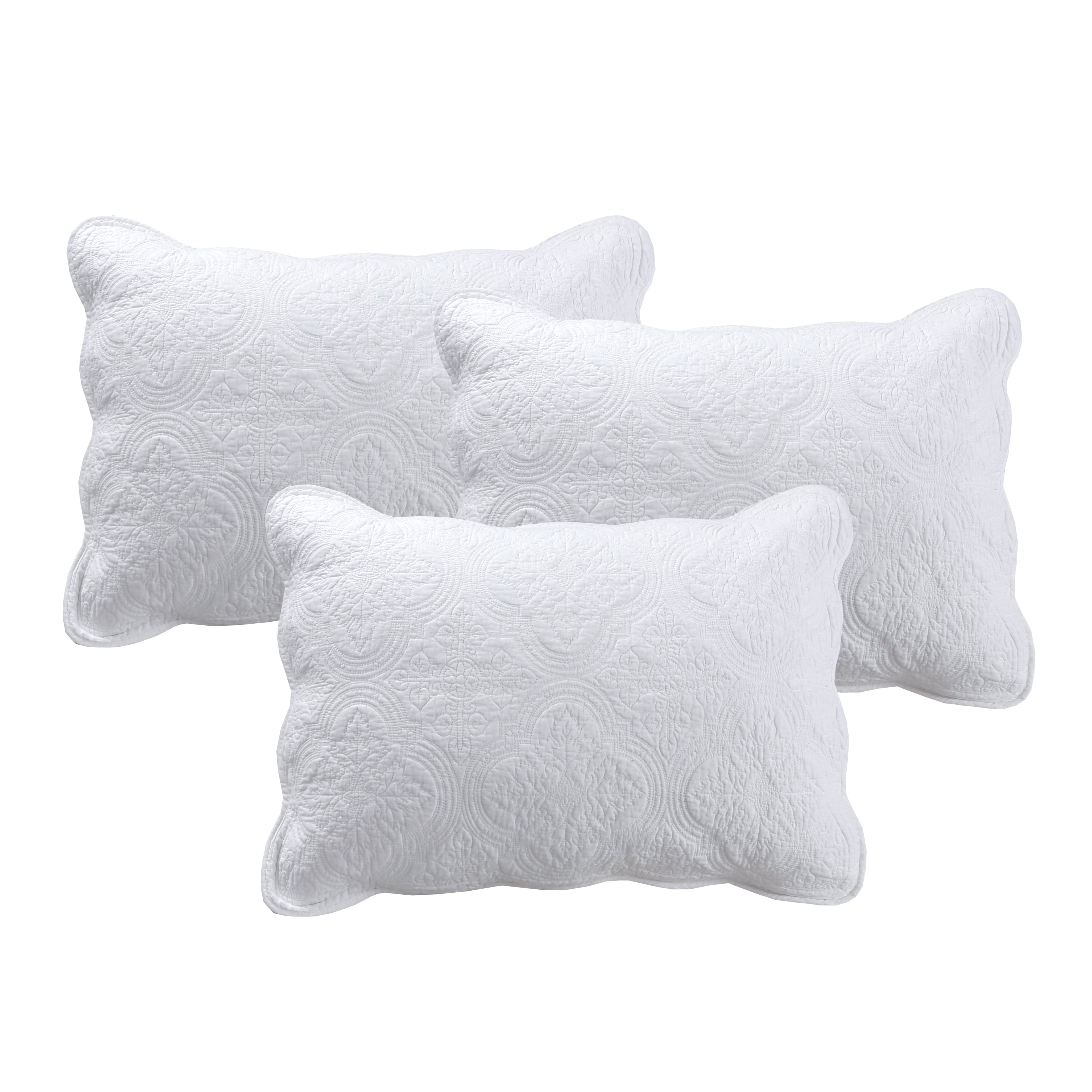 Serenity White Victorian Scalloped Medallion Floral Pure Solid Cotton Reversible Quilt Bedding Set