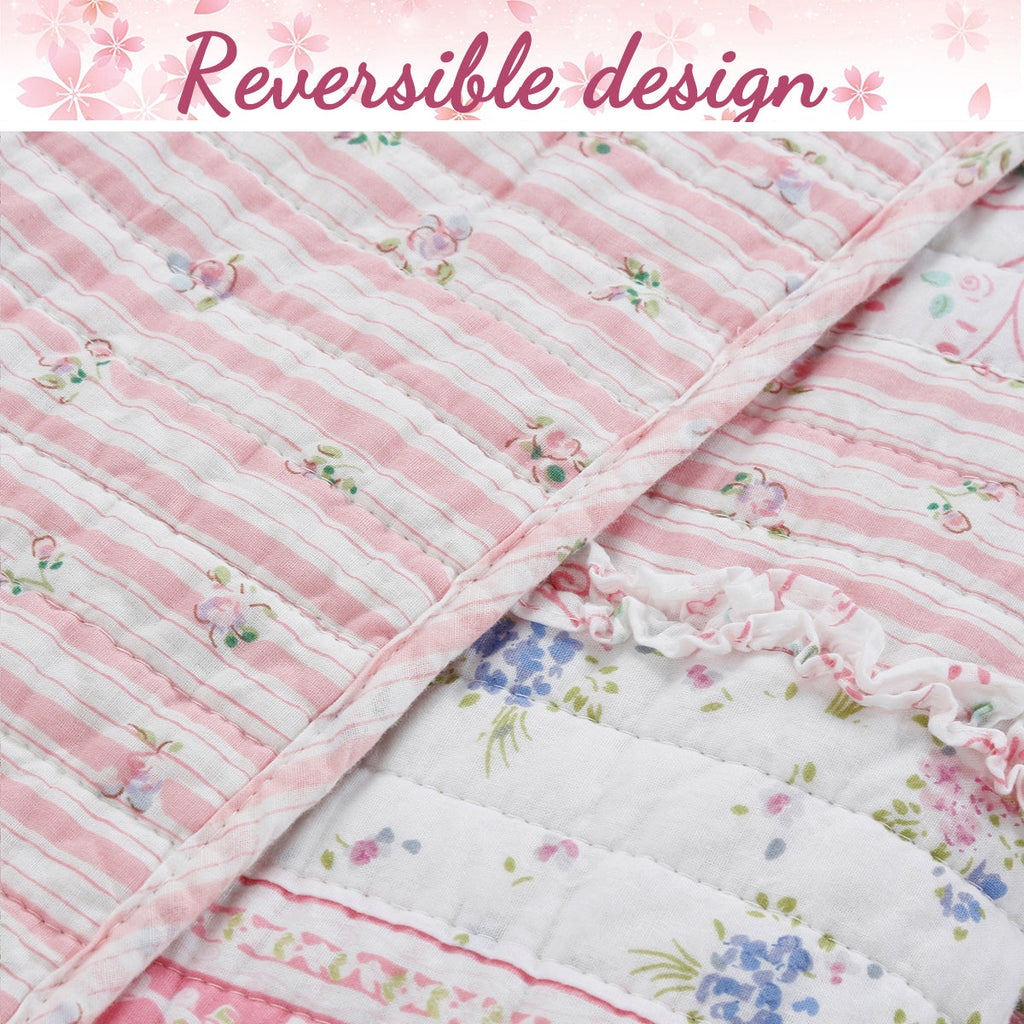 Romantic Chic Lace Ruffle Pink Real Patchwork Cotton Reversible Quilt Bedding Set
