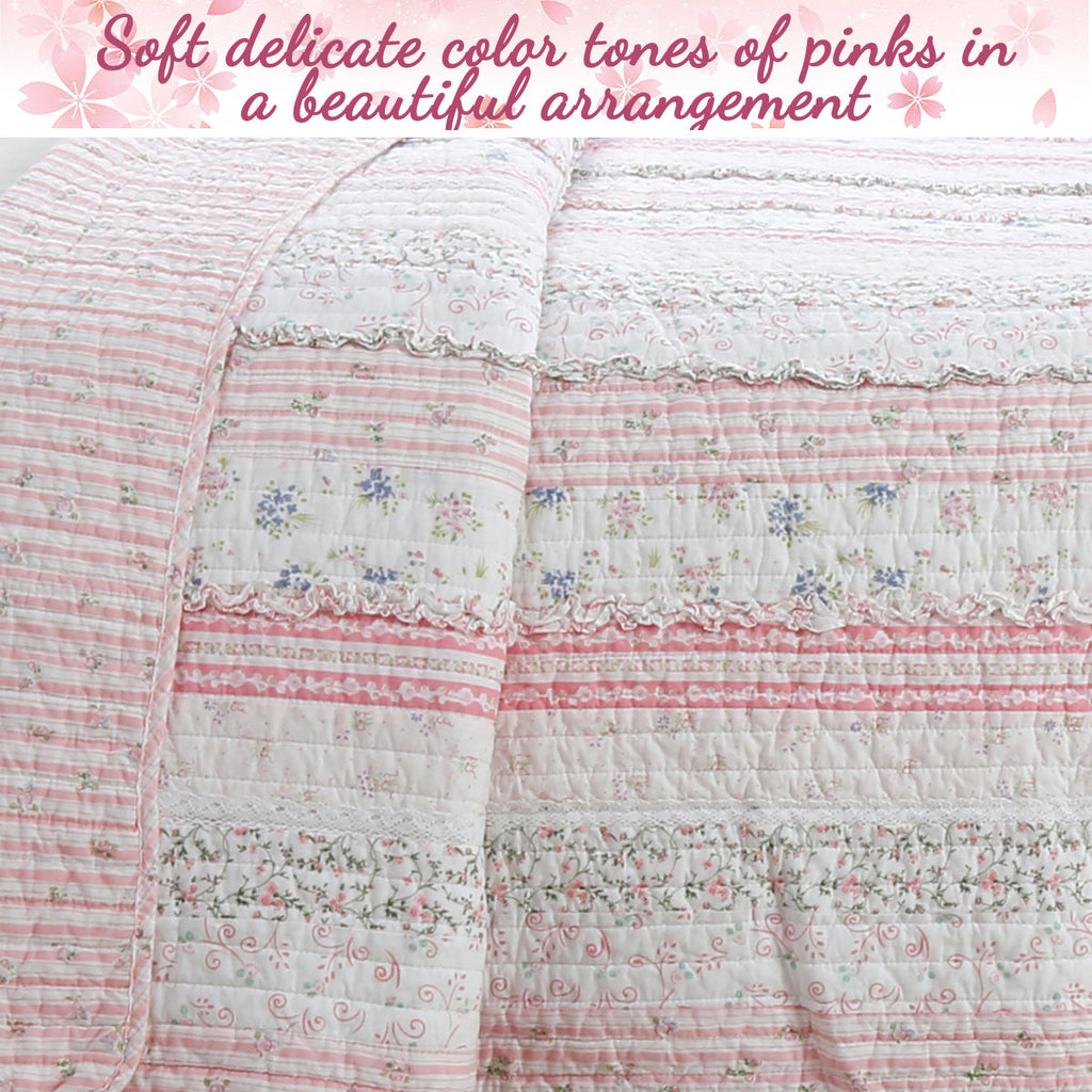 Romantic Chic Lace Ruffle Pink Real Patchwork Cotton Reversible Quilt Bedding Set