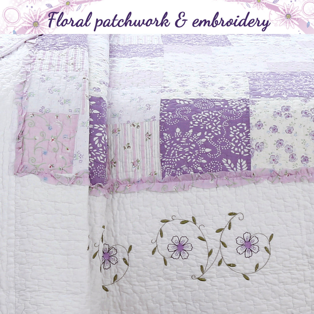 Love of Lilac Lavender Floral Real Patchwork Purple Scalloped Cotton 3-Piece Reversible Quilt Bedding Set