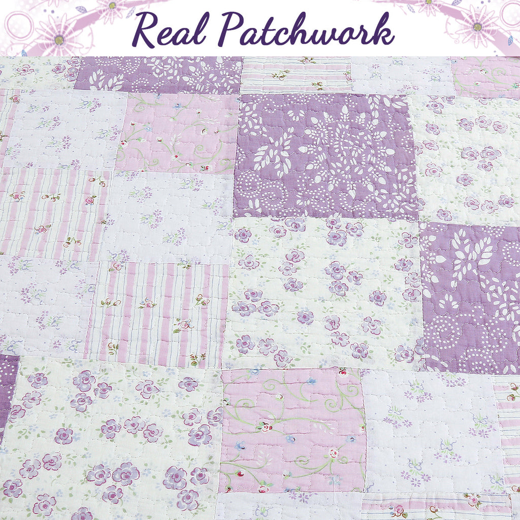 Love of Lilac Lavender Floral Real Patchwork Purple Scalloped Cotton 3-Piece Reversible Quilt Bedding Set