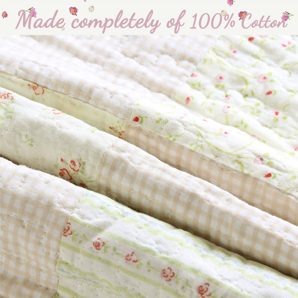 Sweet Peach Pink Floral Ruffle Scalloped Real Patchwork Cotton Reversible Quilt Bedding Set