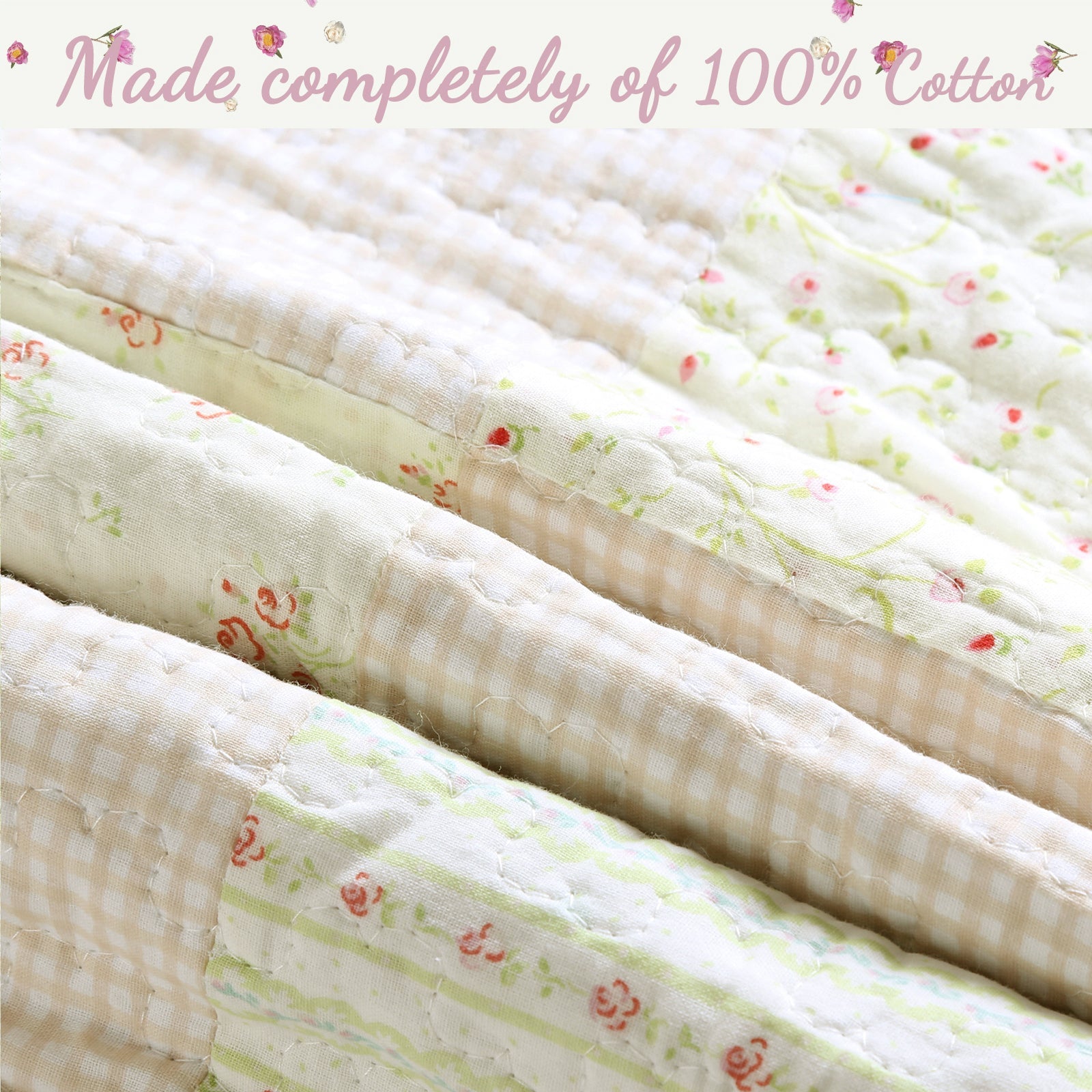 Sweet Peach Pink Floral Ruffle Scalloped Real Patchwork Cotton Reversible Quilt Bedding Set