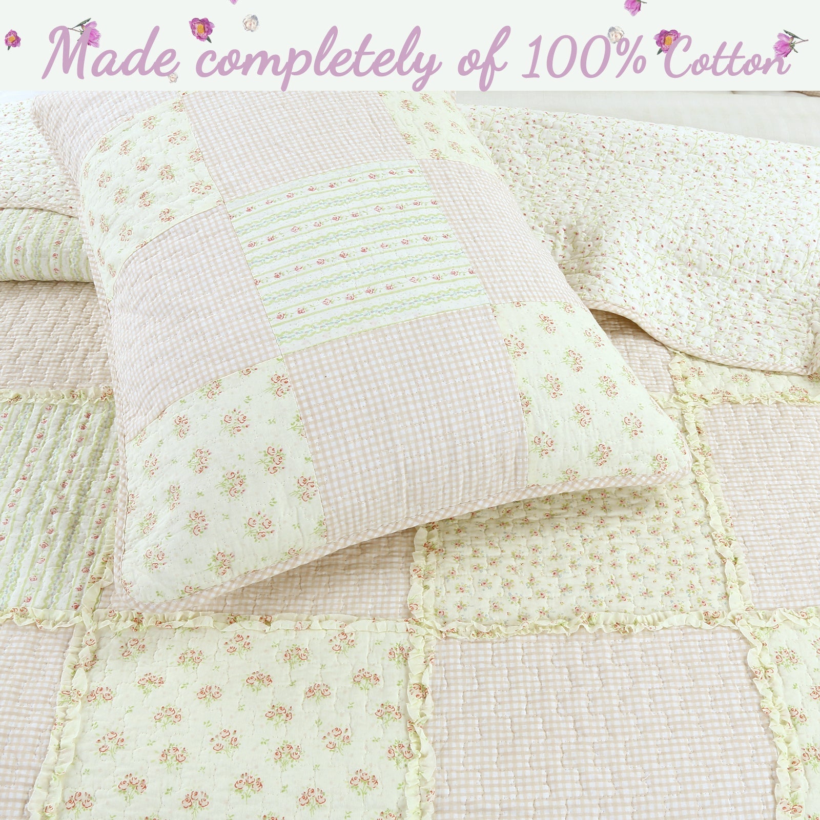 Sweet Peach Pink Floral Ruffle Scalloped Real Patchwork Cotton Reversible Quilt Bedding Set