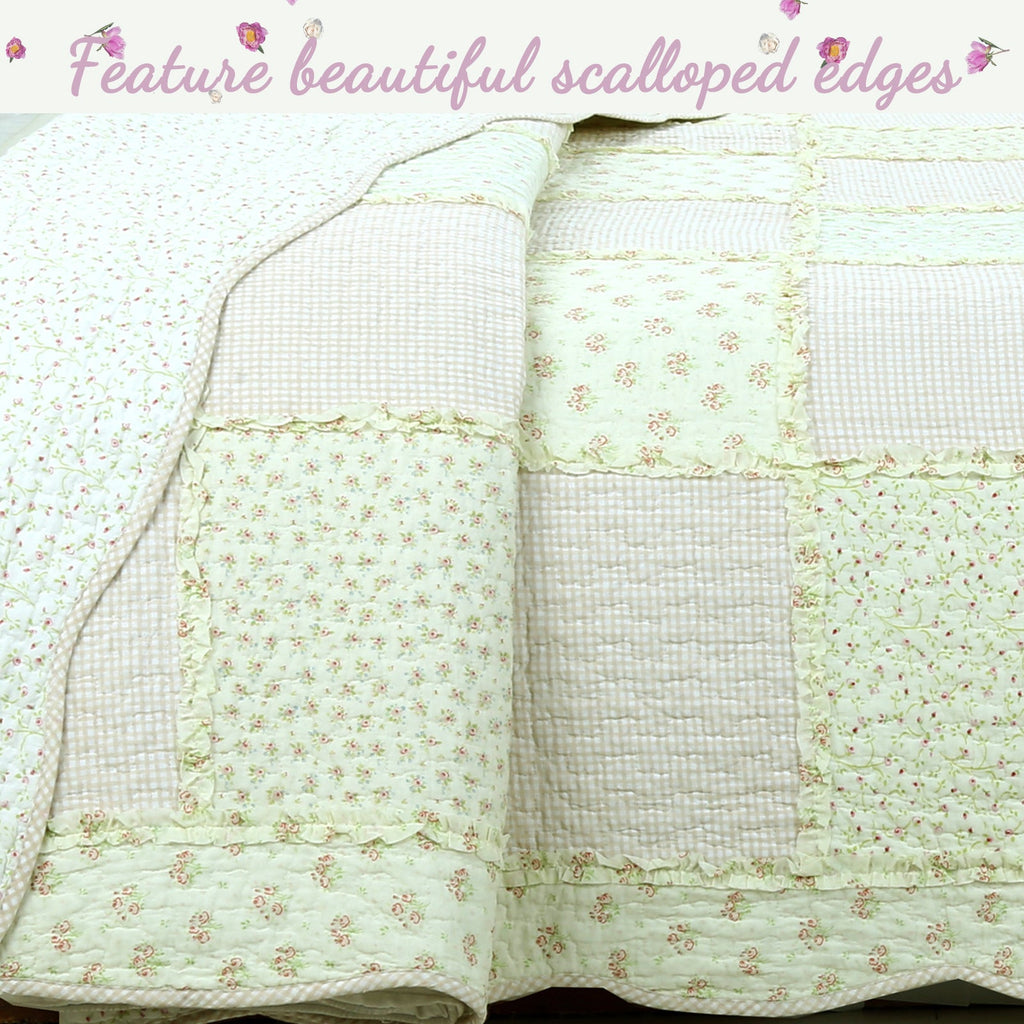 Sweet Peach Pink Floral Ruffle Scalloped Real Patchwork Cotton Reversible Quilt Bedding Set