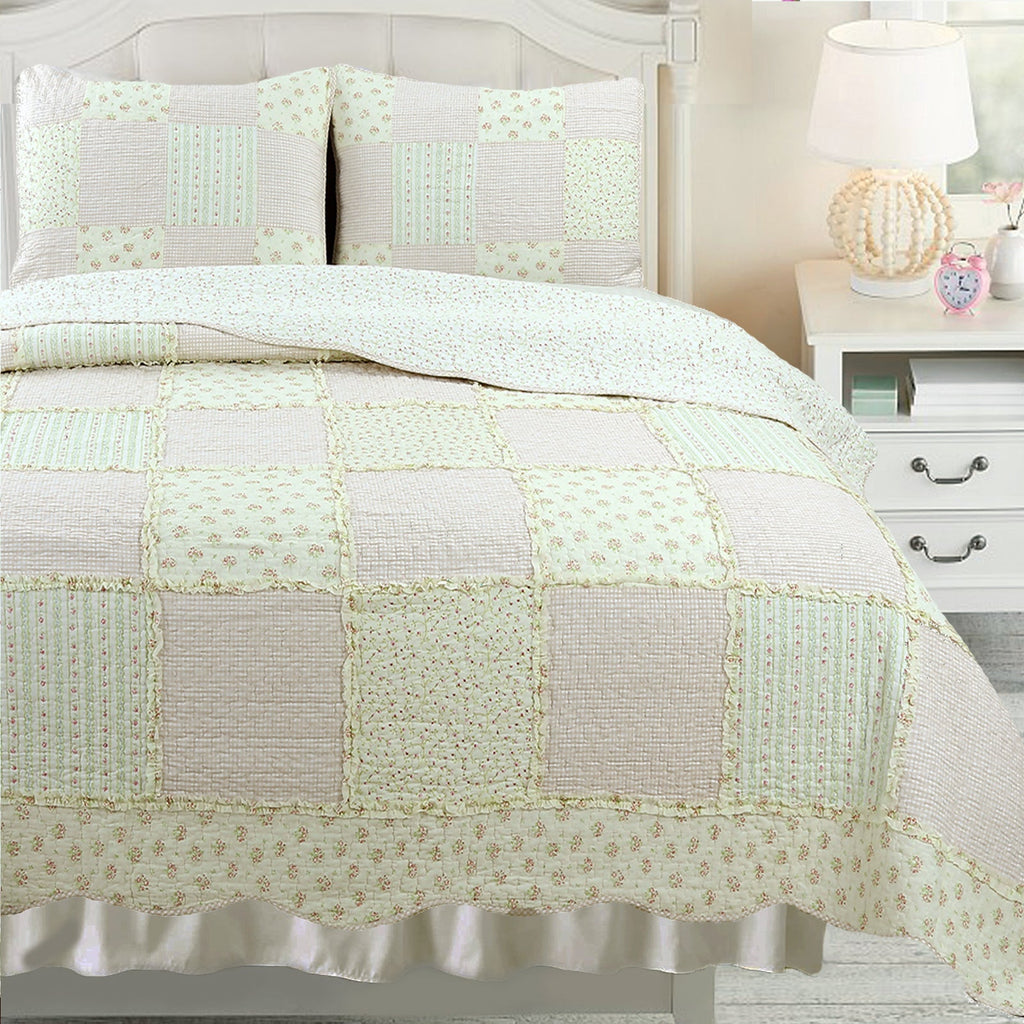 Sweet Peach Pink Floral Ruffle Scalloped Real Patchwork Cotton Reversible Quilt Bedding Set