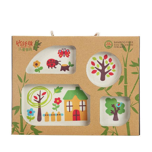 5pcs/set Baby Dinnerware Bamboo Fiber Children Tableware Set Plate Dishes Bowl With Spoon Cartoon Feeding Set Food Container - Fabs things