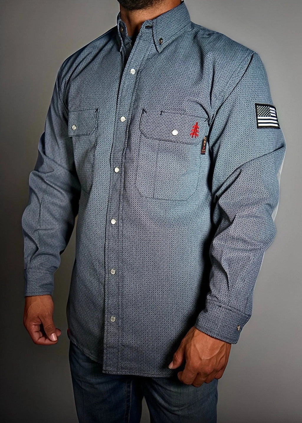 FR Pearl Snap Work Shirt - Forged Gray - With U.S Flag - Fabs things