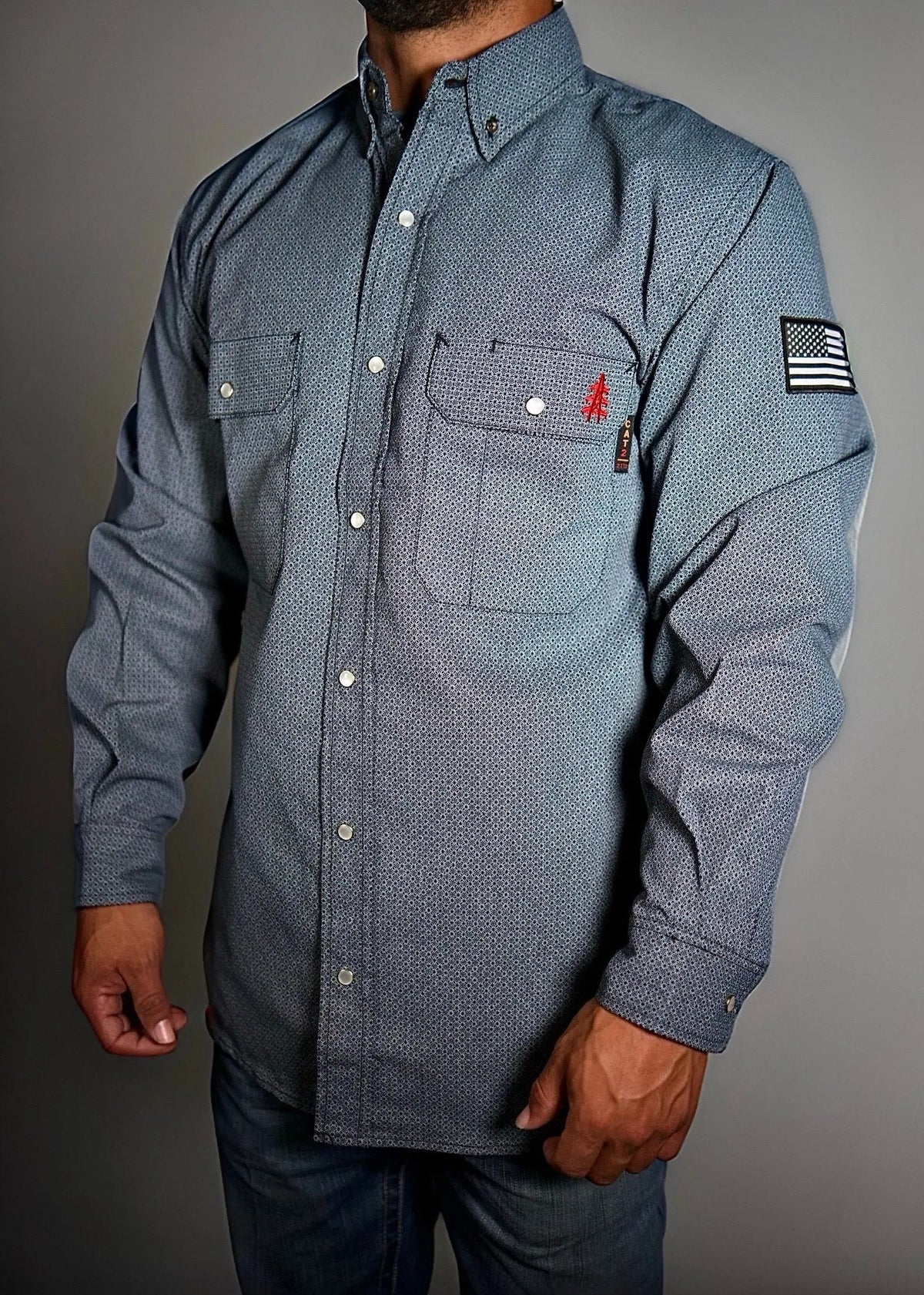FR Pearl Snap Work Shirt - Forged Gray - With U.S Flag - Fabs things