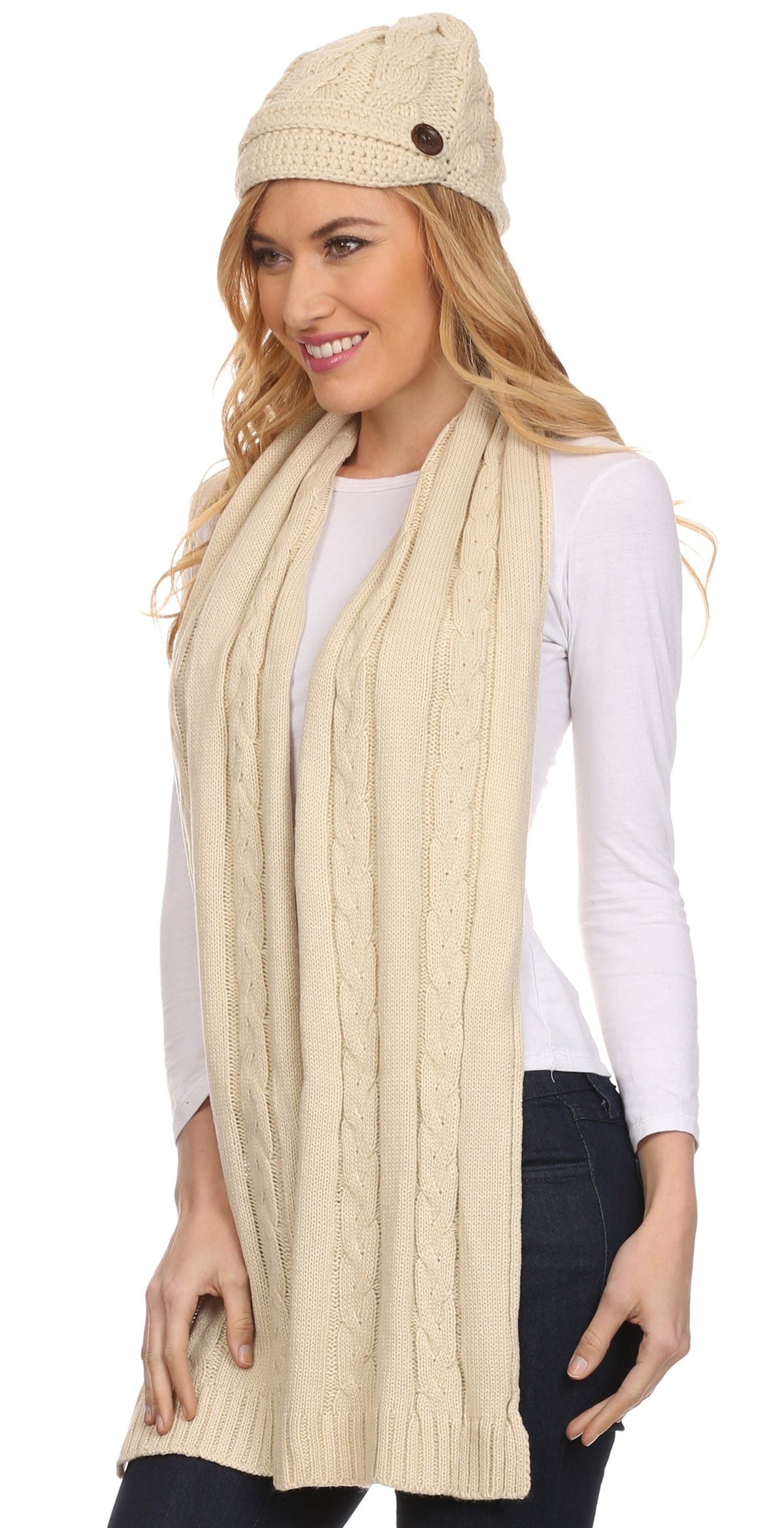 Sakkas Womens 2-piece Cable Knitted Visor Beanie Scarf and Hat Set with Button - Fabs things
