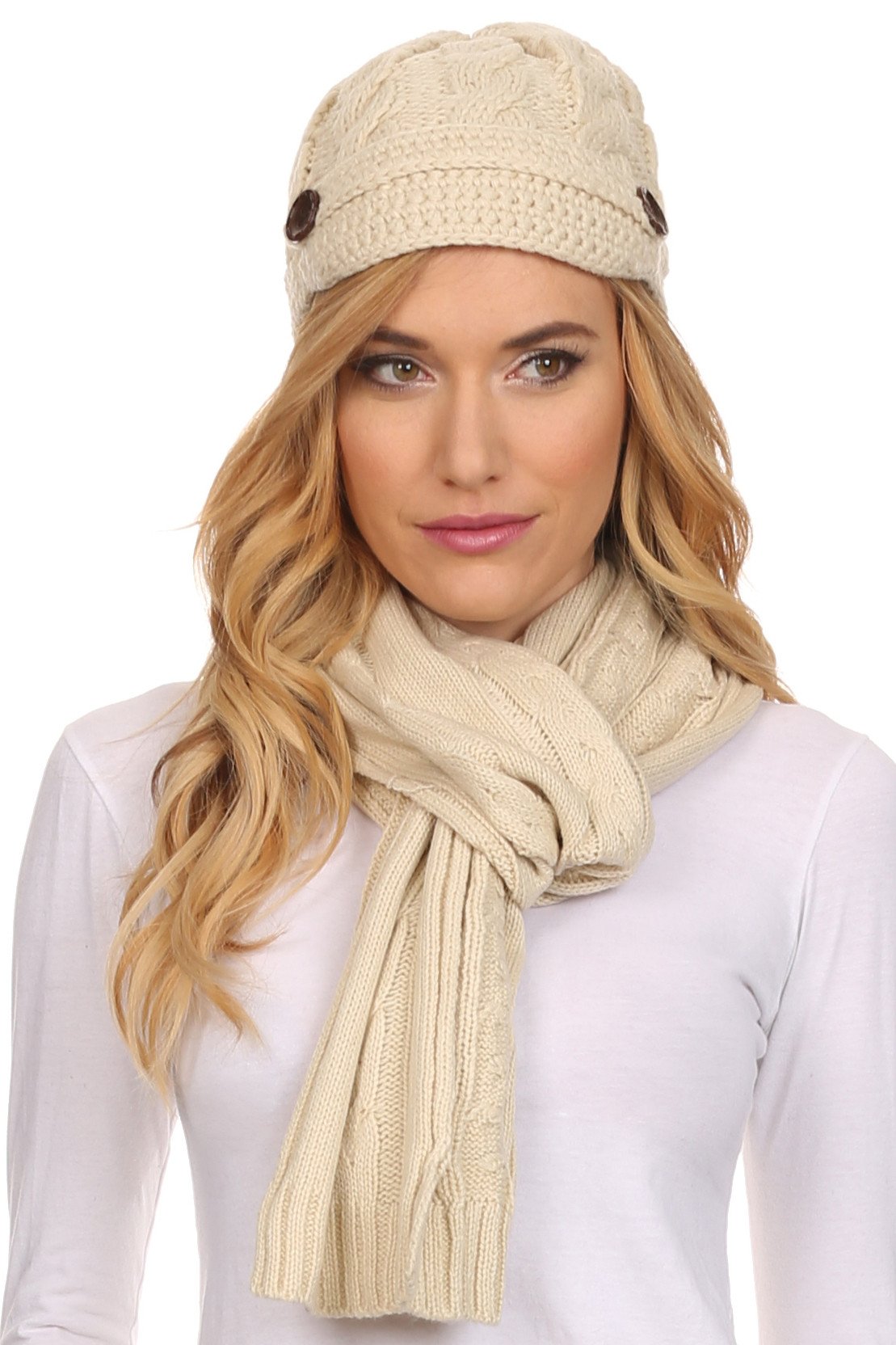 Sakkas Womens 2-piece Cable Knitted Visor Beanie Scarf and Hat Set with Button - Fabs things