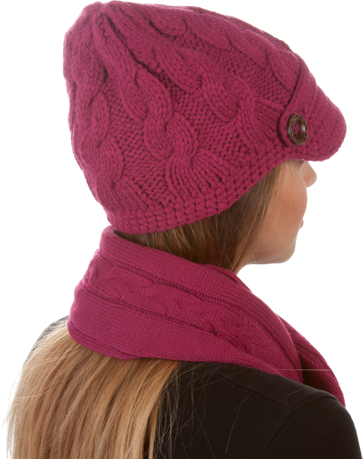 Sakkas Womens 2-piece Cable Knitted Visor Beanie Scarf and Hat Set with Button - Fabs things