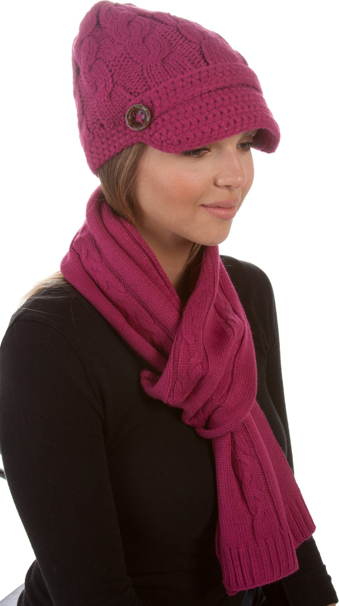 Sakkas Womens 2-piece Cable Knitted Visor Beanie Scarf and Hat Set with Button - Fabs things