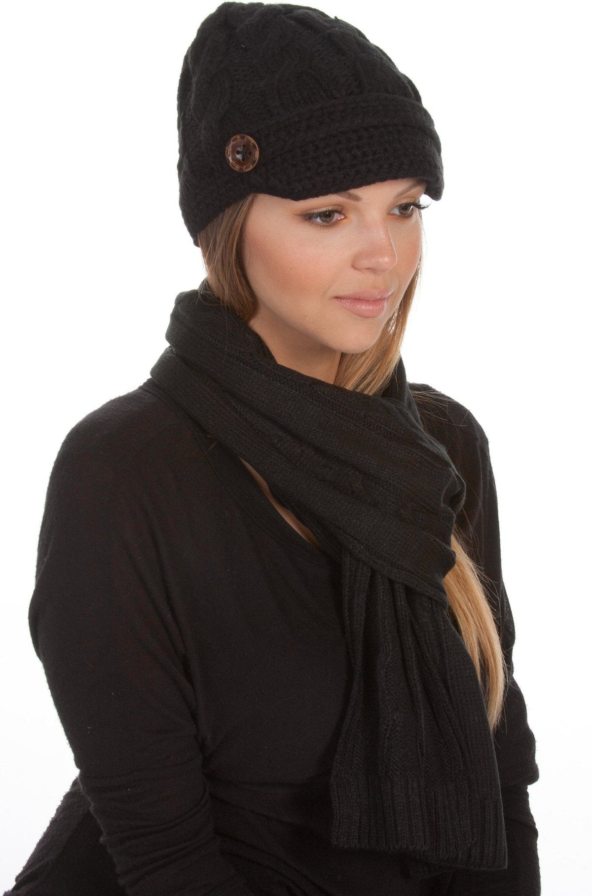 Sakkas Womens 2-piece Cable Knitted Visor Beanie Scarf and Hat Set with Button - Fabs things