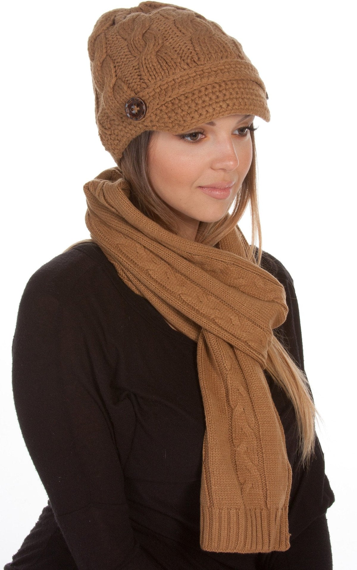 Sakkas Womens 2-piece Cable Knitted Visor Beanie Scarf and Hat Set with Button - Fabs things