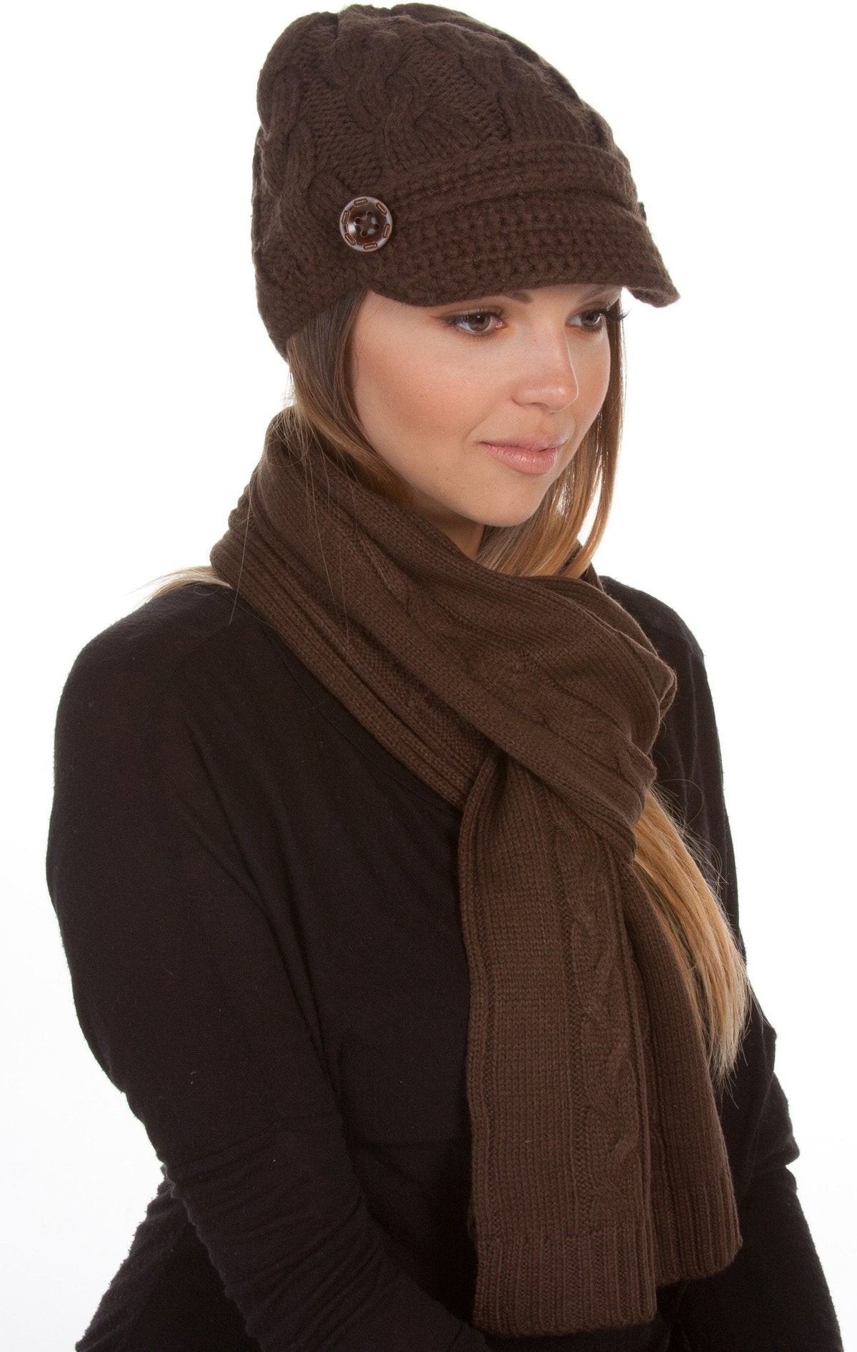 Sakkas Womens 2-piece Cable Knitted Visor Beanie Scarf and Hat Set with Button - Fabs things