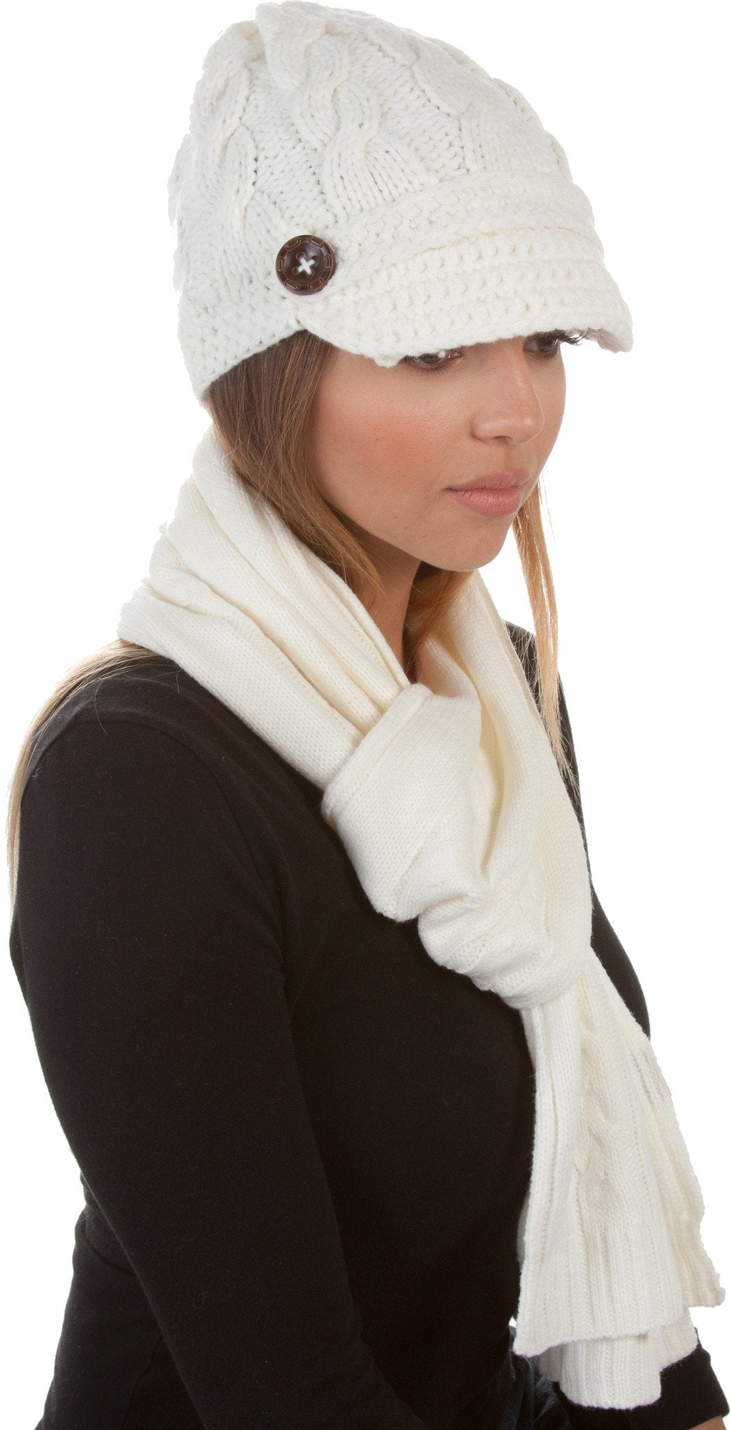 Sakkas Womens 2-piece Cable Knitted Visor Beanie Scarf and Hat Set with Button - Fabs things