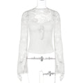 Women Clothing Autumn Winter Sexy Lace Stitching See through Lace up Long Sleeve Tops