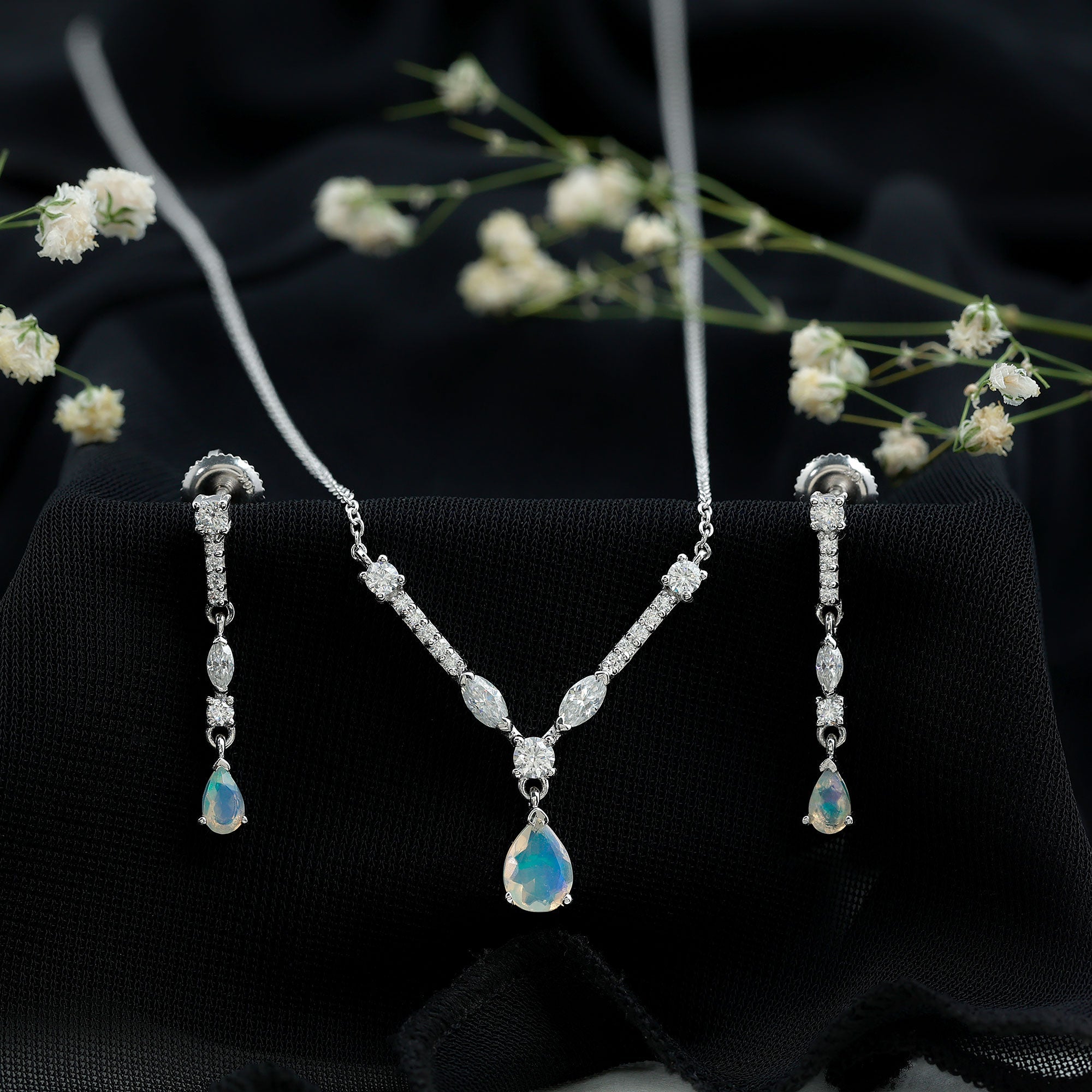 Natural Ethiopian Opal and Moissanite Teardrop Jewelry Set
