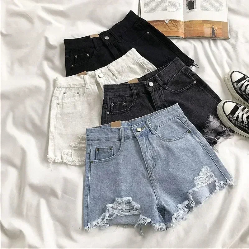Korean Denim Shorts Women Summer Fashion Casual High Waist Ripped Jeans Pocket Tassel Y2K Hot Pants Streetwear Blue Trousers