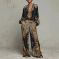 Vintage Printed Two-piece Set Women's Fashion V-neck Loose Long Sleeved Top+Wide Leg Pants Suit Streetwear Muslim Women Clothing