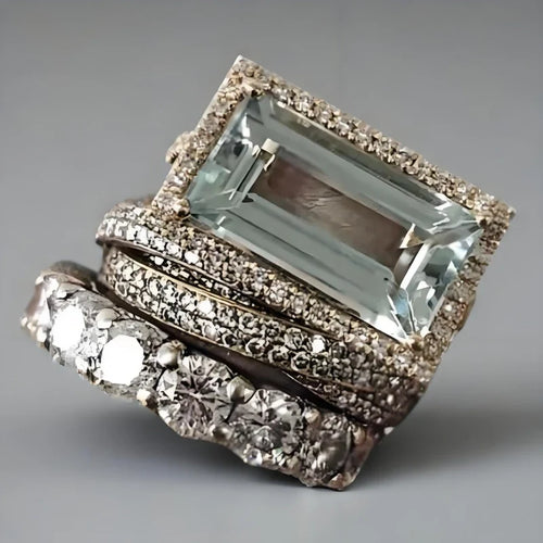 2025 New Fashion Three Piece Set Blue Square Zircon Rings For Women Party Idea Gifts Custom Jewelry - Fabs things