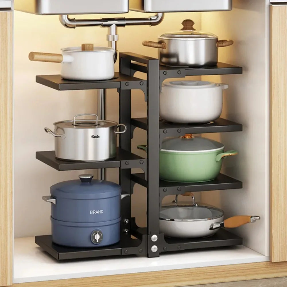 4-Tier Adjustable Pot Rack for Home Use Cookware Storage Rack Under-Sink/Countertop Storage Rack