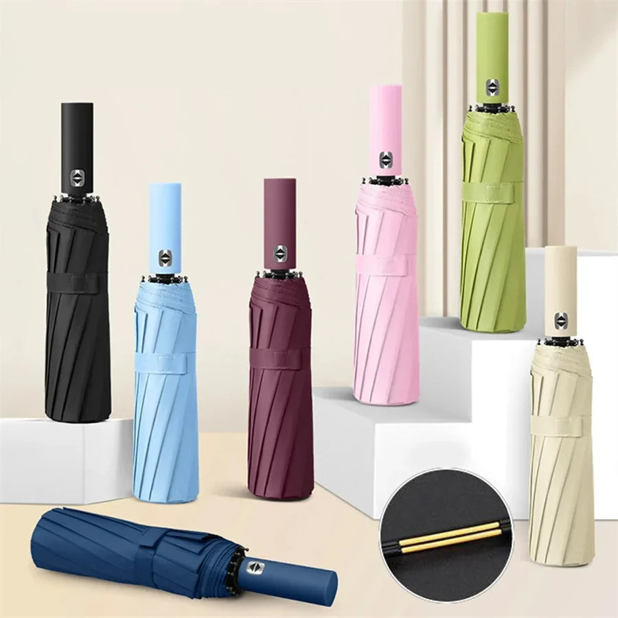 12 Bone Black Glue Fully Automatic Umbrella With Thick And Durable Keel Three Fold Umbrella UV Resistant Folding Umbrella