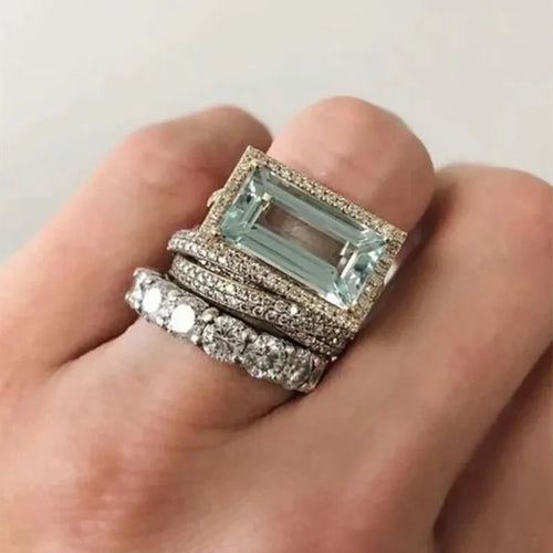 2025 New Fashion Three Piece Set Blue Square Zircon Rings For Women Party Idea Gifts Custom Jewelry - Fabs things