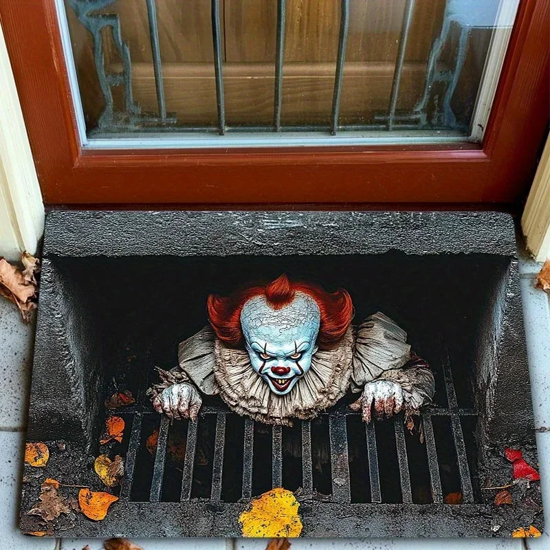 VIKAMA Halloween Clown Horror Theme Doormat Manhole Cover Design Entryway Anti Slip Mat Halloween Decor Personalized Rug